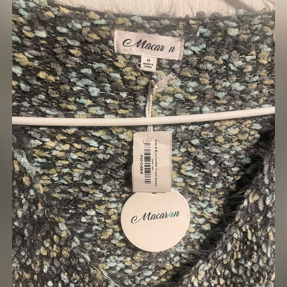 Gray with Green & Blue Confetti Detail V-Neck Sweater Eyelash Fuzzy Knit, Medium - Picture 5 of 9